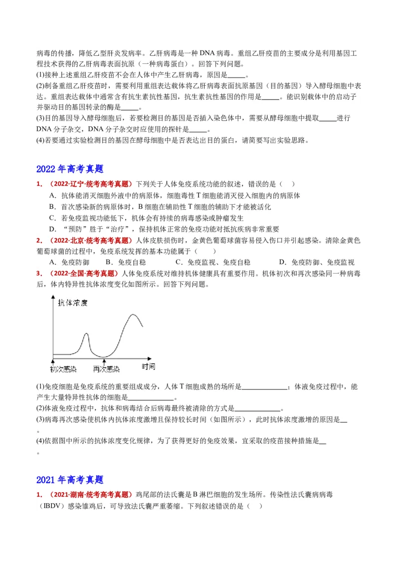 五年（2021-2025）全国高考生物真题分类汇编专题16免疫调节（全国通用）（原卷版）_高考真题分类汇编_高考生物真题分类汇编（全国通用）五年（2021-2025）