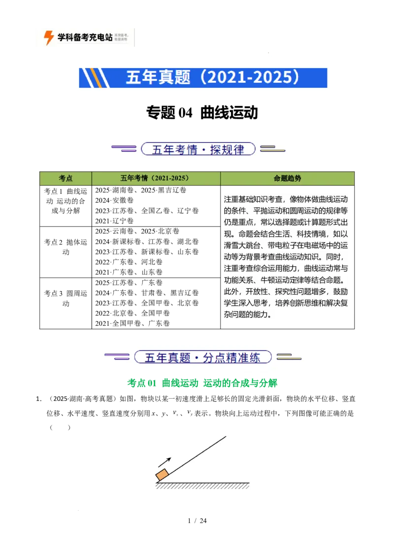 专题04曲线运动（全国通用）（原卷版）_高考真题分类汇编_高考物理真题分类汇编（全国通用）五年（2021-2025）