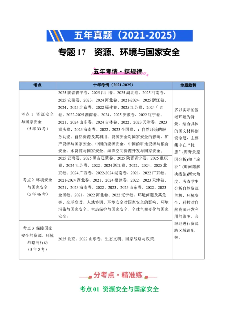 五年（2021-2025）高考地理真题分类汇编专题14资源、环境与国家安全（全国通用）（原卷版）_高考真题分类汇编_高考地理真题分类汇编（全国通用）五年（2021-2025）_word