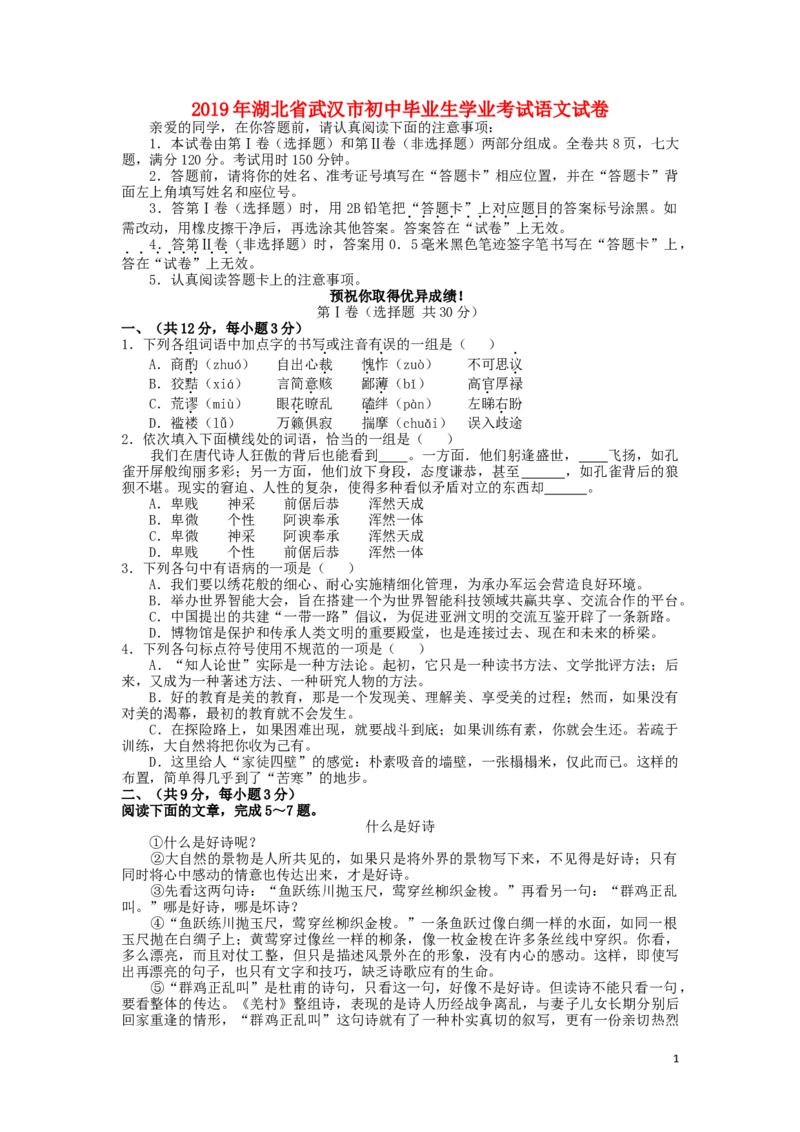 湖北省武汉市2019年中考语文真题试题_中考真题_1.语文中考真题2015-2024年_2019年全国中考语文154份_2019年全国中考YuWen154份
