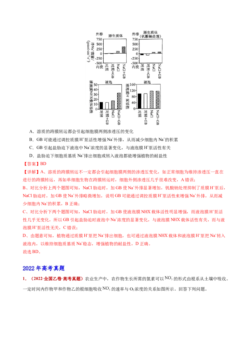 五年（2021-2025）全国高考生物真题分类汇编专题03物质的跨膜运输（全国通用）（解析版）_高考真题分类汇编_高考生物真题分类汇编（全国通用）五年（2021-2025）
