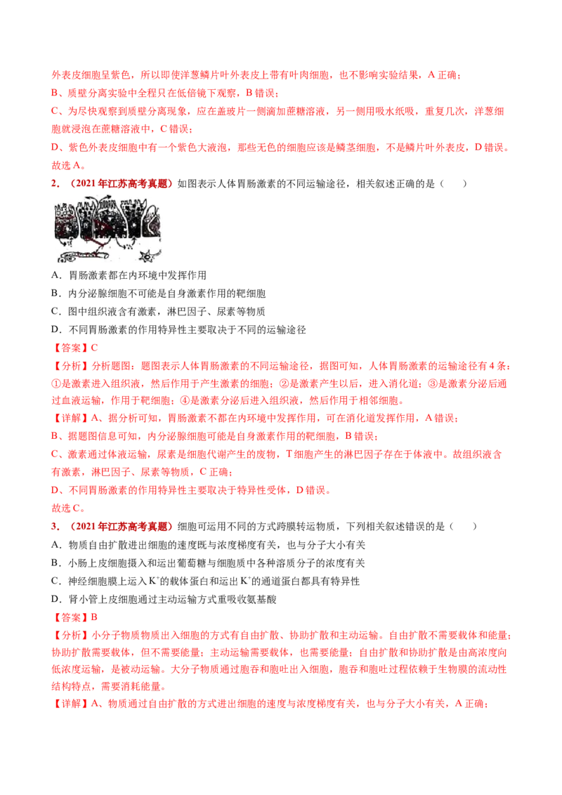 五年（2021-2025）全国高考生物真题分类汇编专题03物质的跨膜运输（全国通用）（解析版）_高考真题分类汇编_高考生物真题分类汇编（全国通用）五年（2021-2025）