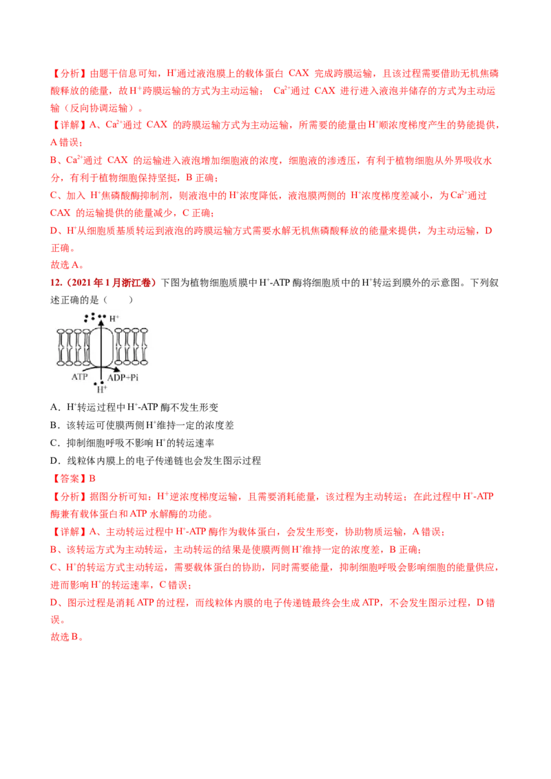 五年（2021-2025）全国高考生物真题分类汇编专题03物质的跨膜运输（全国通用）（解析版）_高考真题分类汇编_高考生物真题分类汇编（全国通用）五年（2021-2025）
