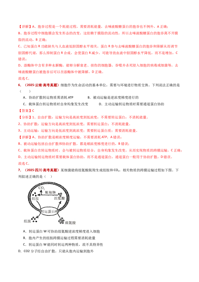 五年（2021-2025）全国高考生物真题分类汇编专题03物质的跨膜运输（全国通用）（解析版）_高考真题分类汇编_高考生物真题分类汇编（全国通用）五年（2021-2025）