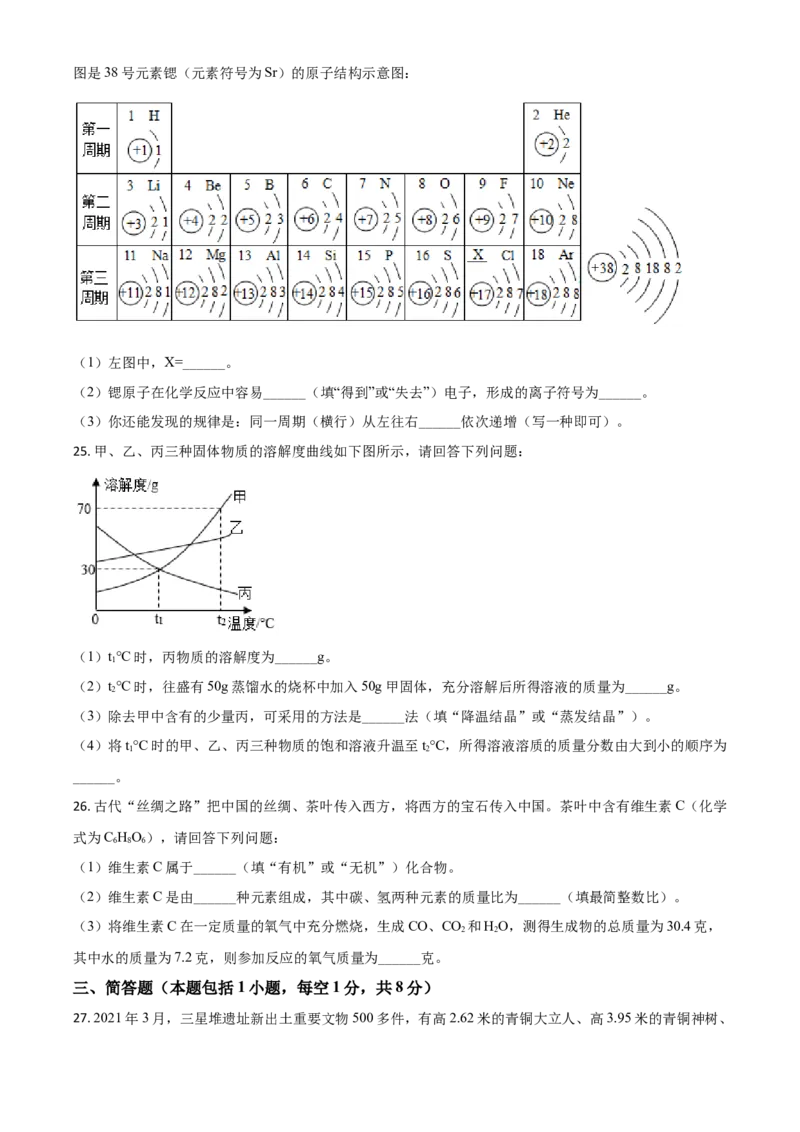 湖南省湘潭市2021年中考化学试题（原卷版）_中考真题_5.化学中考真题2015-2024年_2021年中考化学真题（83份）_​2021湘潭化学​