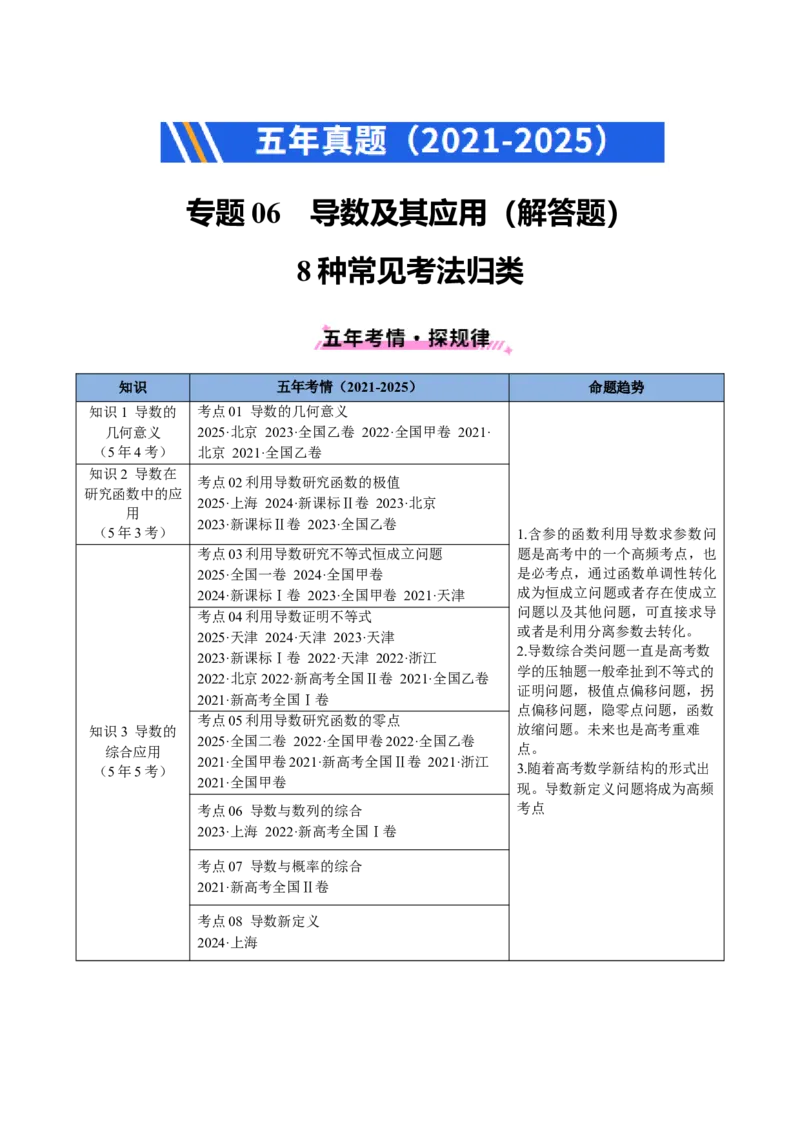 专题06导数及其应用（解答题）8种常见考法归类（全国通用）（原卷版）_高考真题分类汇编_高考数学真题分类汇编（全国通用）五年（2021-2025）