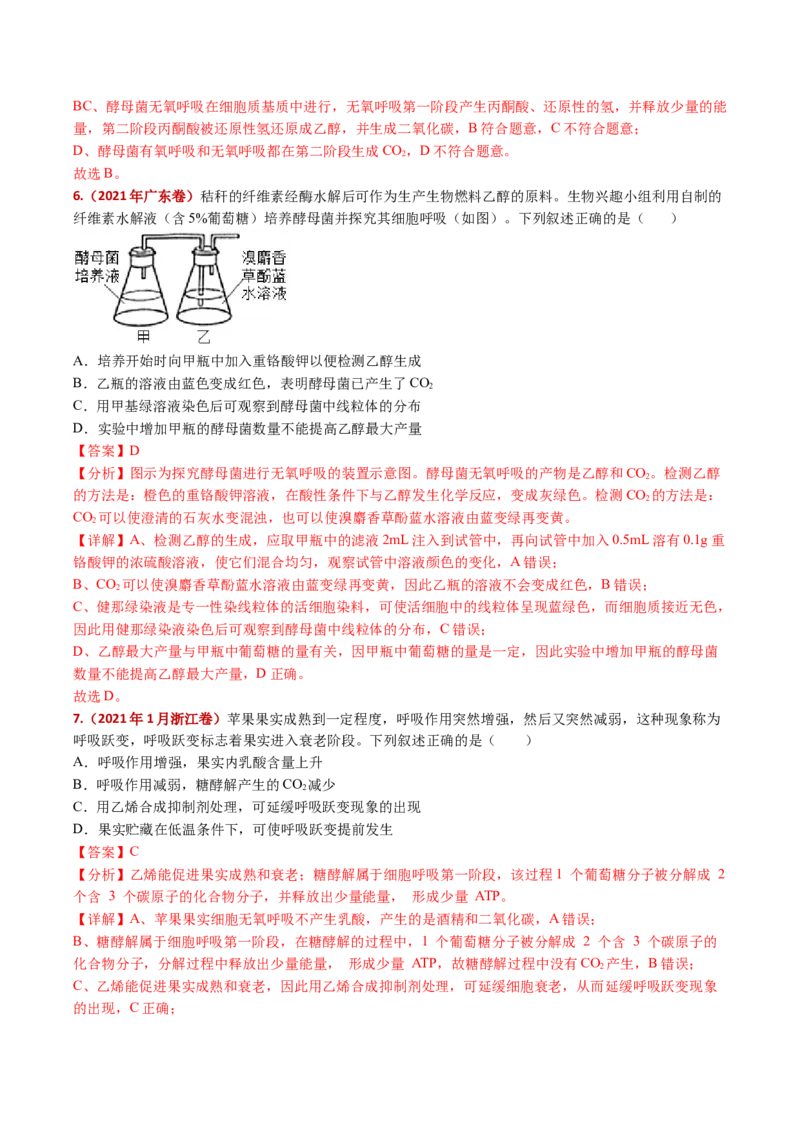 五年（2021-2025）全国高考生物真题分类汇编专题05细胞呼吸和光合作用（全国通用）（解析版）_高考真题分类汇编_高考生物真题分类汇编（全国通用）五年（2021-2025）