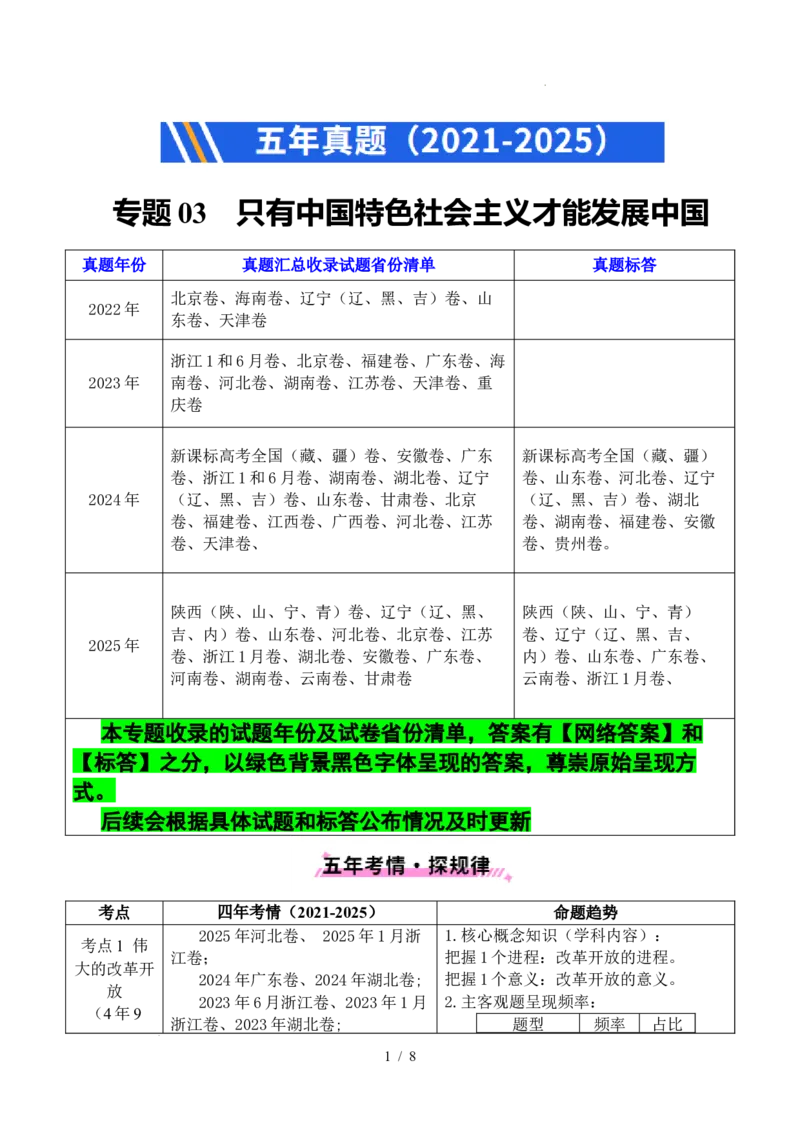 专题03只有中国特色社会主义才能发展中国（原卷版）_高考真题分类汇编_高考政治真题分类汇编（全国通用）五年（2021-2025）