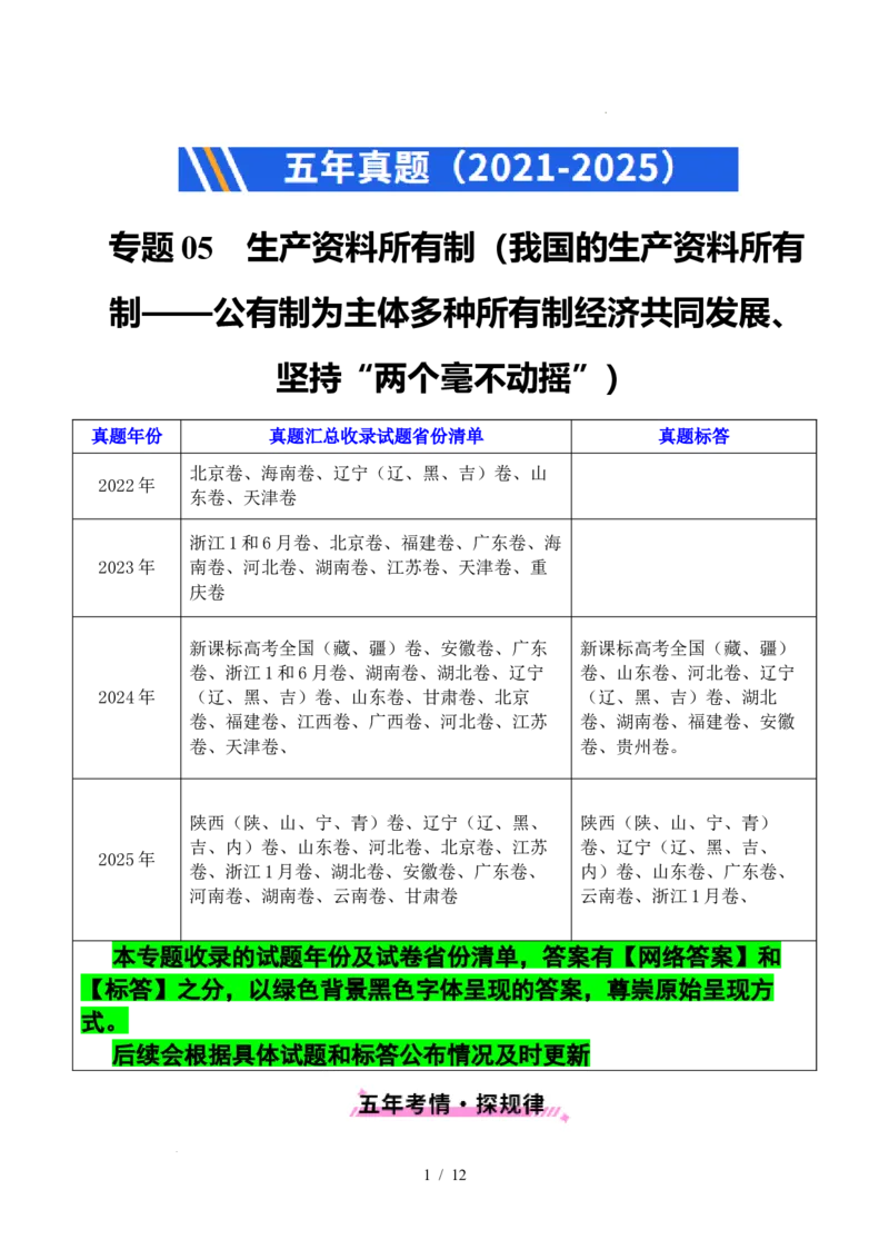 专题05生产资料所有制（我国的生产资料所有制&mdash;&mdash;公有制为主体多种所有制经济共同发展、坚持&ldquo;两个毫不动摇&rdquo;）（全国通用）（原卷版）_高考真题分类汇编