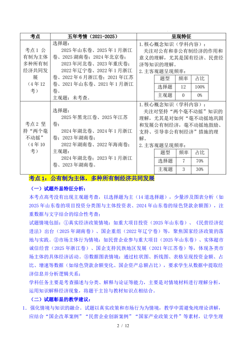专题05生产资料所有制（我国的生产资料所有制&mdash;&mdash;公有制为主体多种所有制经济共同发展、坚持&ldquo;两个毫不动摇&rdquo;）（全国通用）（原卷版）_高考真题分类汇编