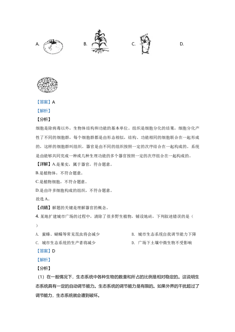 2020年广东省中考生物真题（解析卷）_❤广东中考真题备考2026_8.广东中考生物2008-2025