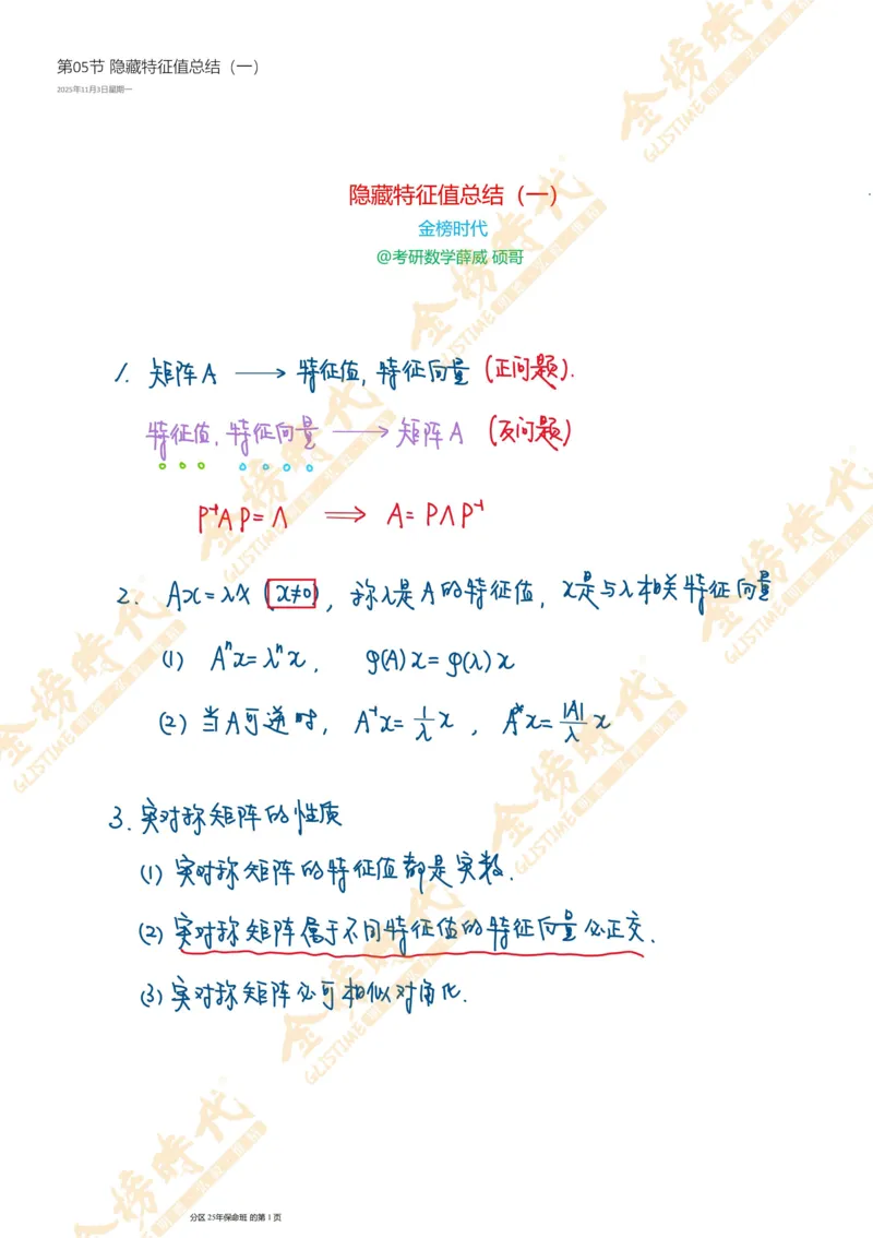线性代数专题第05节隐藏特征值总结（一）（手写板书）_07.2026考研数学李永乐全程班_01.2026考研数学金榜李永乐_09.李永乐&times;薛威26考研数学保命班_00.配课讲义