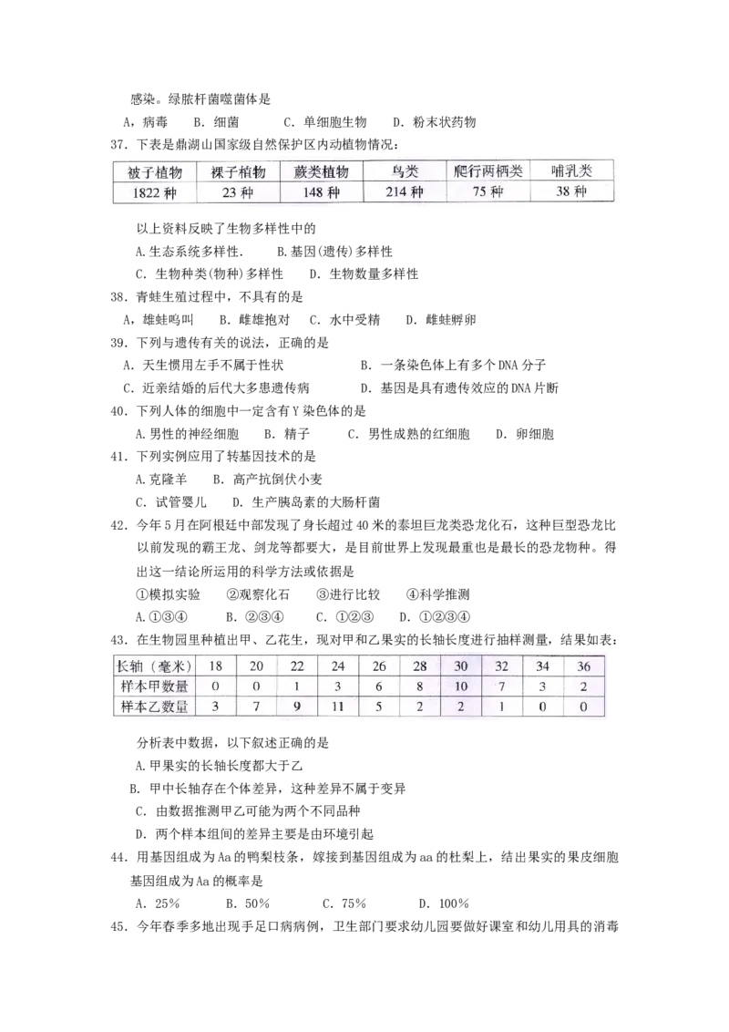 2014年广东省中考生物真题及答案_❤广东中考真题备考2026_8.广东中考生物2008-2025