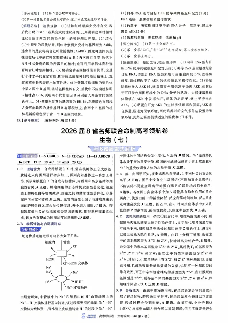 2026金考卷百校联盟高考领航卷生物答案七（新教材不定项选择题版）_2026版金考卷&middot;百校联盟高考领航卷（全科）_2026版金考卷&middot;百校联盟高考领航卷生物（单选+不定项）