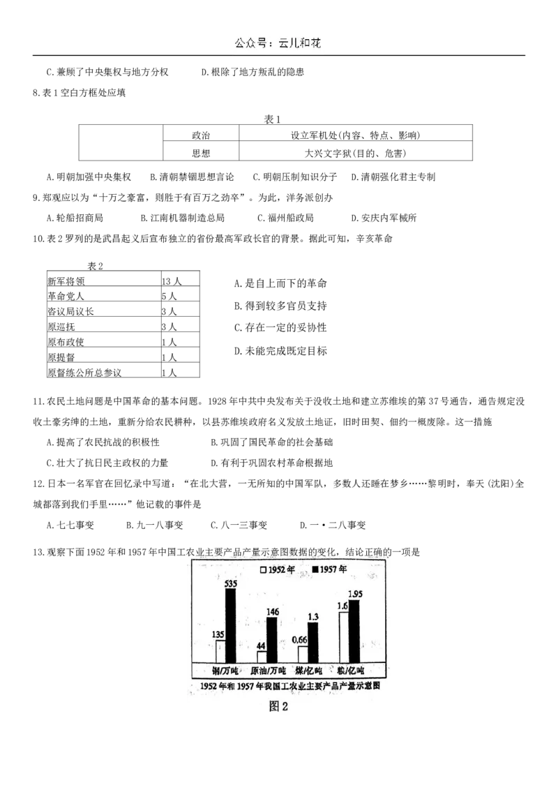 甘肃省武威市民勤县等2地2024-2025学年高一上学期开学历史试题+答案_2024-2025高一（7-7月题库）_2024年9月试卷_0912甘肃省武威市2024-2025学年高一上学期开学考