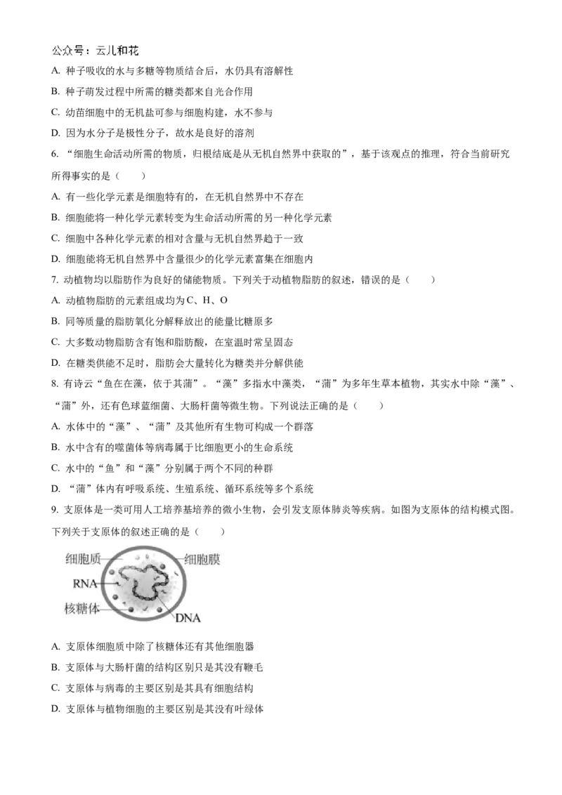 广西柳州高级中学2024-2025学年高一上学期10月月考生物试题_2024-2025高一（7-7月题库）_2024年10月试卷_1030广西柳州高级高中2024-2025学年高一上学期10月月考