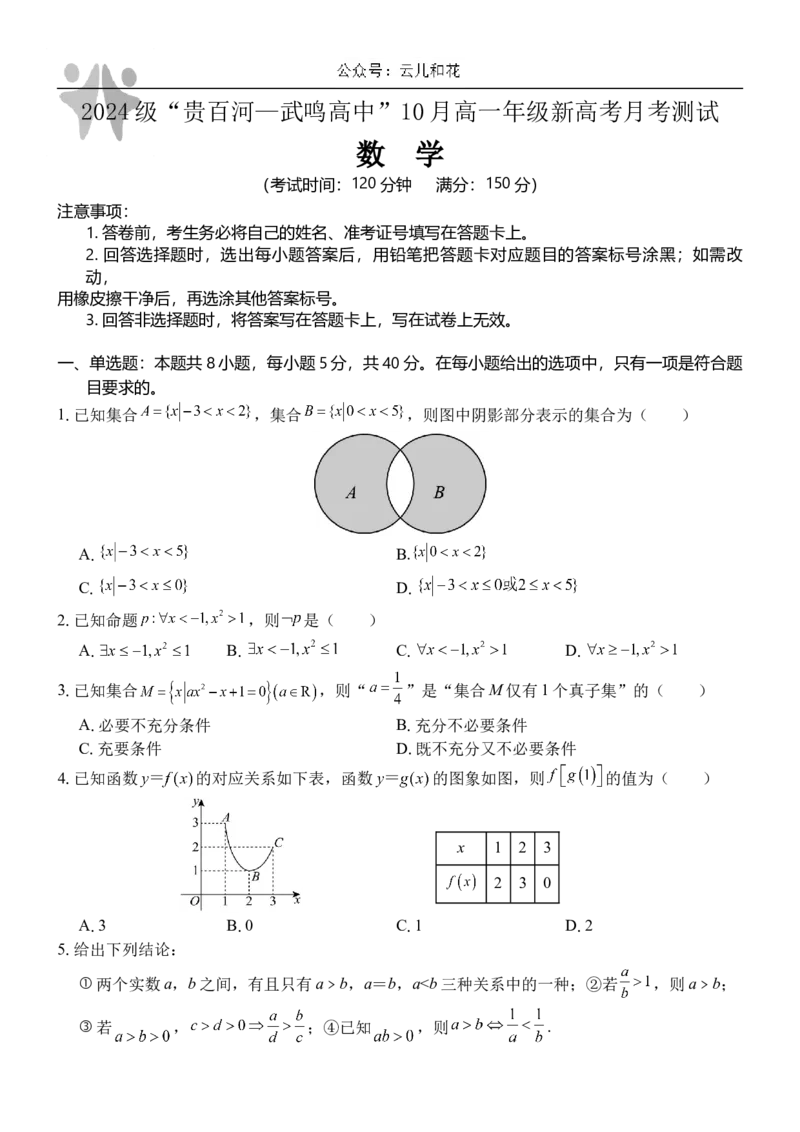 广西壮族自治区贵百河-武鸣高中2024-2025学年高一上学期10月月考试题数学Word版含解析_2024-2025高一（7-7月题库）_2024年11月试卷