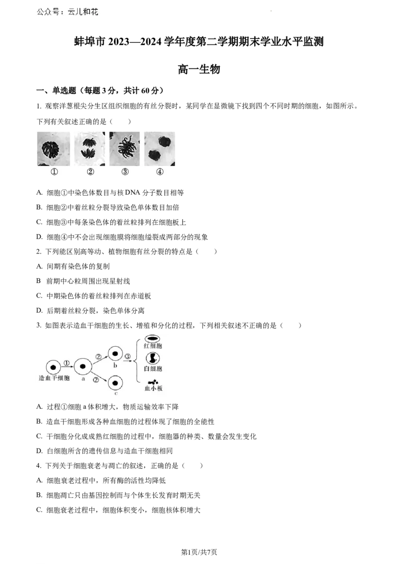 安徽省蚌埠市2023-2024学年高一下学期7月期末生物试题（原卷版）_2024-2025高一（7-7月题库）_2024年8月试卷_0811安徽省蚌埠市2023-2024学年高一下学期期末考试