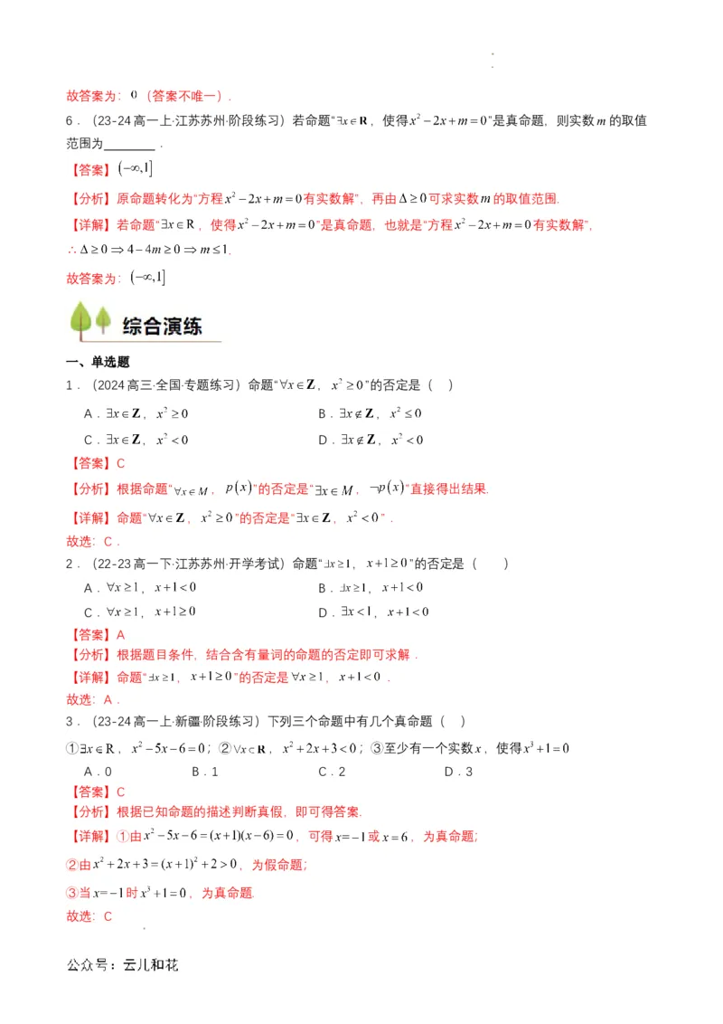 专题05预备知识五：全称量词与存在量词（解析版）_2024-2025高一（7-7月题库）_2024年7月试卷_0708暑假自学课2024年初升高数学无忧衔接（通用版）