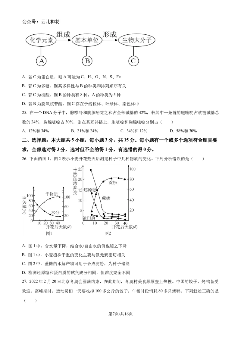 山东省淄博实验中学2024-2025学年高一上学期第一次教学诊断训练生物_2024-2025高一（7-7月题库）_2024年10月试卷_1026山东省淄博实验中学2024-2025学年高一上学期第一次教学诊断训练