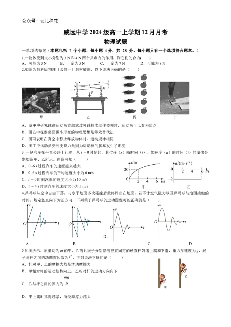 四川省内江市威远中学2024-2025学年高一上学期12月月考物理试题Word版含答案_2024-2025高一（7-7月题库）_2024年12月试卷_1211四川省内江市威远中学2024-2025学年高一上学期12月月考