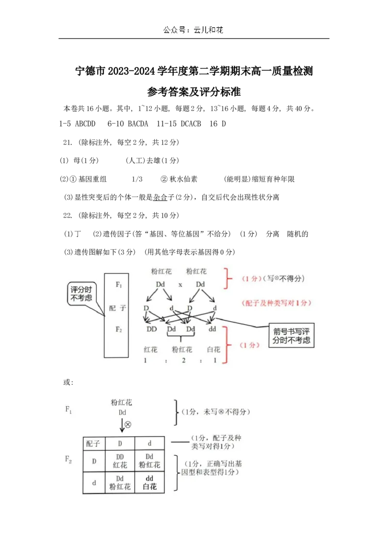 福建省宁德市2023-2024学年高一下学期期末质量检测生物试题_2024-2025高一（7-7月题库）_2024年7月试卷_0710福建省宁德市2023-2024学年高一下学期期末质量检测