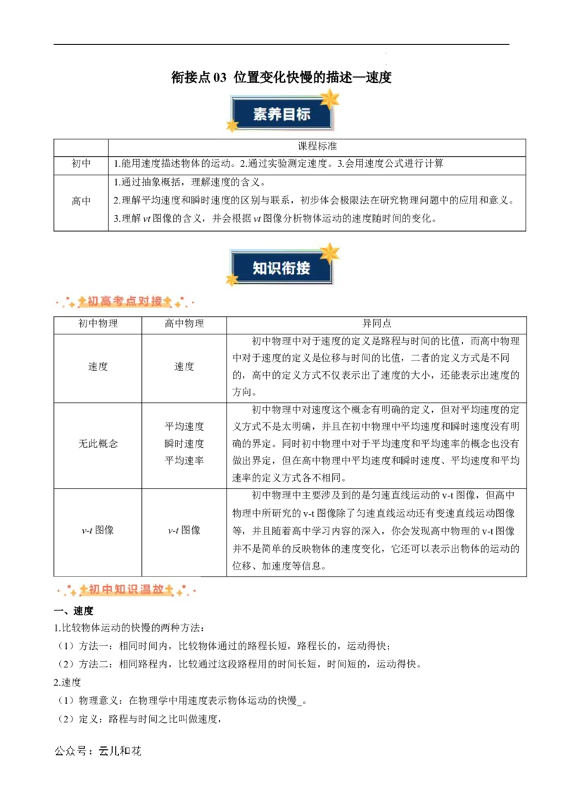 衔接点03位置变化快慢的描述&mdash;速度（原卷版）_2024-2025高一（7-7月题库）_2024年7月试卷_07082024年初升高物理无忧衔接（通用版）+暑假自学课2024年新高一物理暑假提升精品讲义