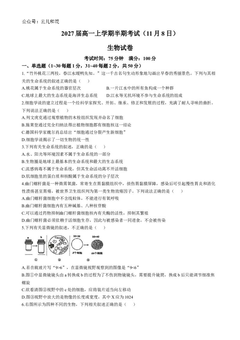 四川省成都市第七中学2024-2025学年高一上学期11月期中考试生物Word版含解析_2024-2025高一（7-7月题库）_2024年11月试卷_1113四川省成都市第七中学2024-2025学年高一上学期11月期中考试