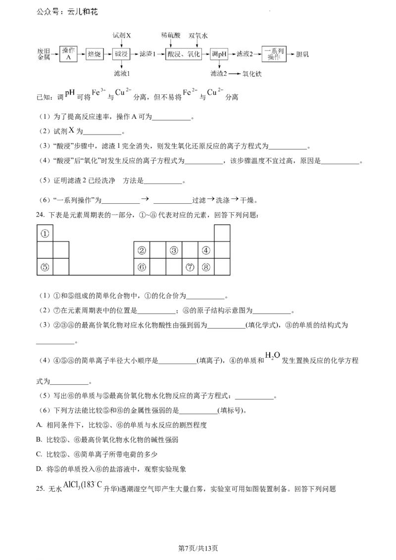 云南省大理白族自治州2023-2024学年高一下学期7月期末质量监测化学试题_2024-2025高一（7-7月题库）_2024年8月试卷_0804云南省大理白族自治州2023-2024学年高一下学期7月期末
