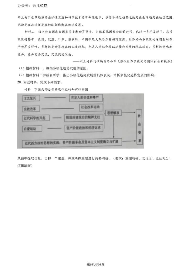 贵州省六盘水市2023-2024学年高一下学期期末学业质量监测历史试题（原卷版）_2024-2025高一（7-7月题库）_2024年7月试卷_0724贵州省六盘水市2023-2024学年高一下学期7月期末