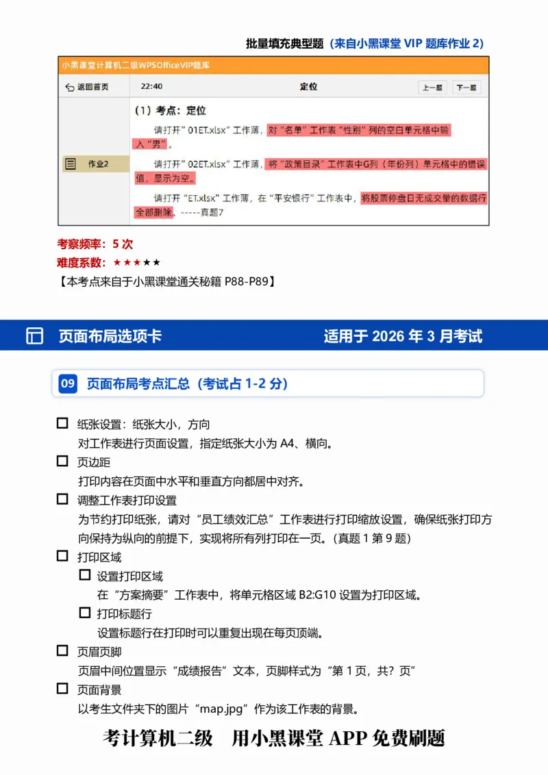02WPS表格常规考点自查清单_计算机二级WPS资料_0526年3月二级wps自查清单+框架+300题_26年3月计算机二级WPS自查清单
