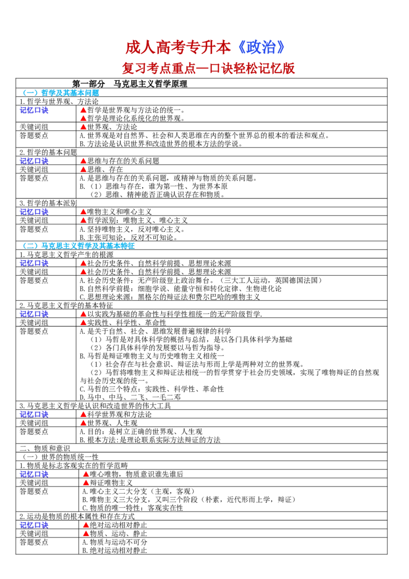 成人高考专升本《政治》复习考点口诀轻松记忆版_成考本科-所有考试科目-近10年真题和答案+2026备考通关资料大全_政治-近10年真题和答案+2026成考本科备考通关资料大全