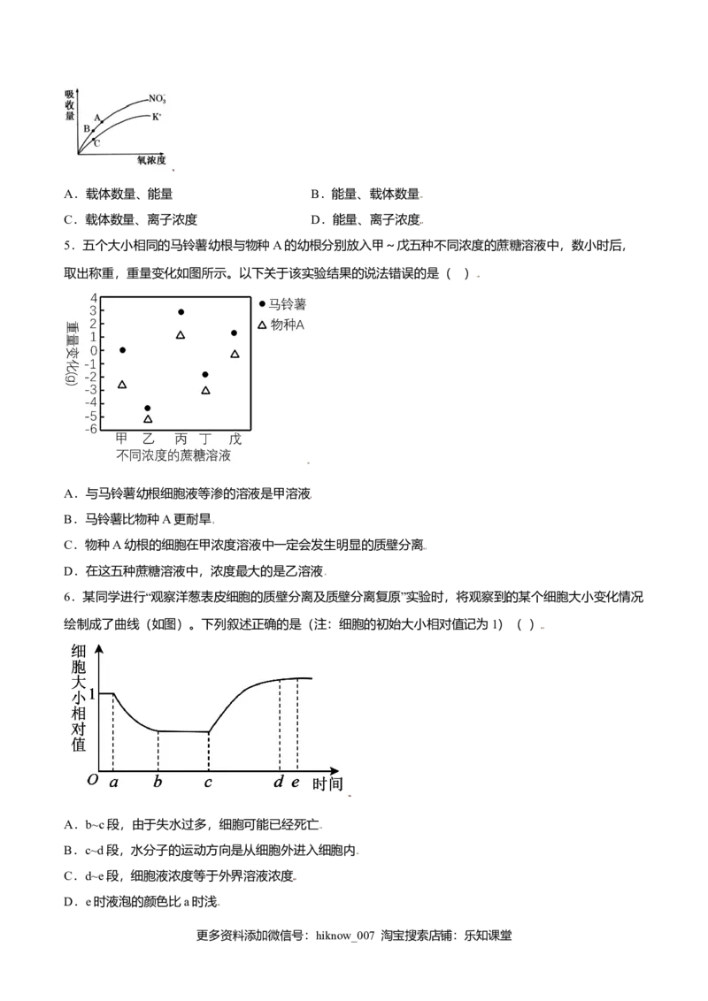 第四章章末测试-高一生物课后培优练（人教版2019必修1）（原卷版）_E015高中全科试卷_生物试题_必修1_1.单元测试_2.单元测试（第二套）