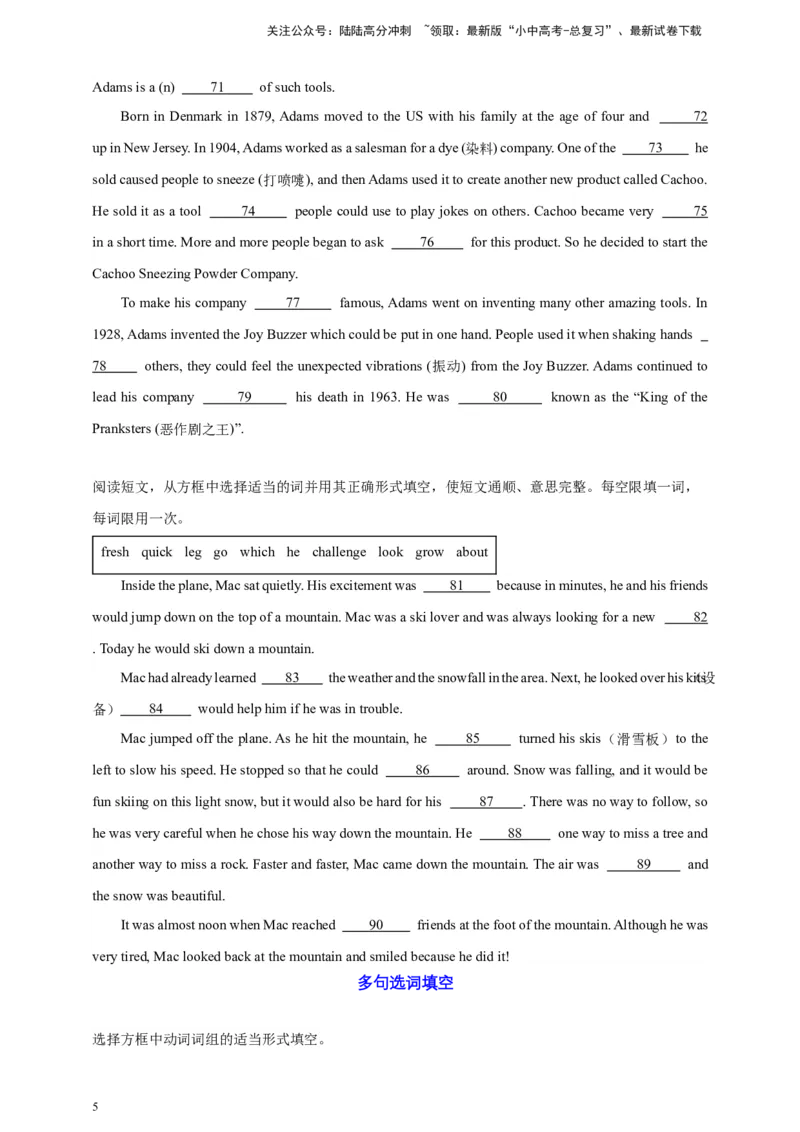 2024中考英语二轮复习题型模拟训练16选词填空(短文选词+多句选词）（原卷版）_02中考总复习（2026版更新中）_03-英语-中考总复习_2024年中考复习资料_二轮复习