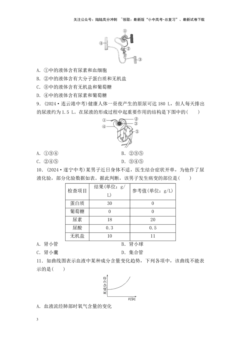 2025中考生物二轮专题训练12　人体内废物的排出（含解析）_02中考总复习（2026版更新中）_08-生物-中考总复习_2025中考复习资料_2025中考生物二轮专题训练（含解析）