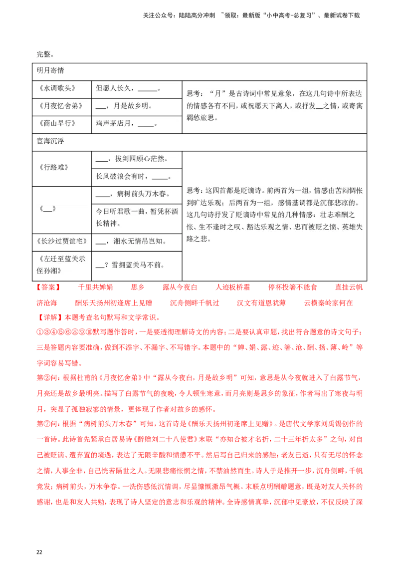 2024中考模拟冲刺小卷（全国通用）冲刺小卷09诗文默写（解析版）_02中考总复习（2026版更新中）_01-语文-中考总复习_2024年中考资料_二轮复习_2024中考语文二轮（分专题）冲刺小卷
