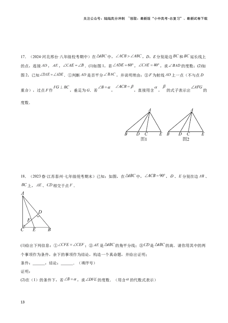 2025年中考数学几何模型综合训练（通用版）专题04三角形中的倒角模型之高分线模型、双（三）垂直模型解读与提分精练（学生版）_02中考总复习（2026版更新中）_02-数学-中考总复习