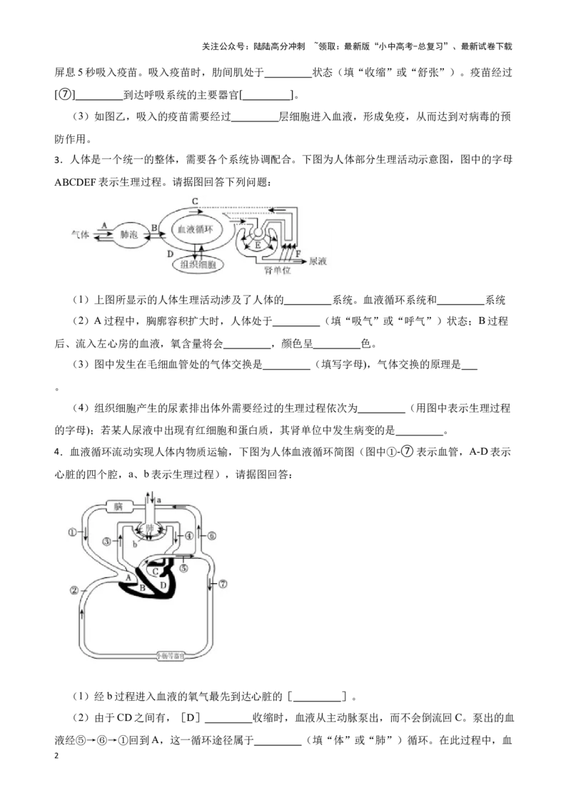 2024年中考生物读图理解专题复习：生物圈中的人（含答案）_02中考总复习（2026版更新中）_08-生物-中考总复习_2024年中考复习资料_二轮复习_备考2024中考生物二轮复习读图理解精练