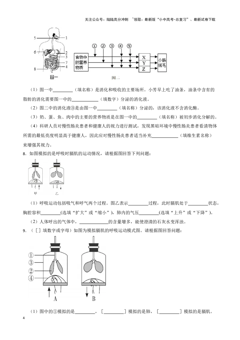 2024年中考生物读图理解专题复习：生物圈中的人（含答案）_02中考总复习（2026版更新中）_08-生物-中考总复习_2024年中考复习资料_二轮复习_备考2024中考生物二轮复习读图理解精练