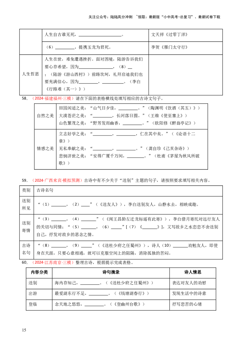 2024年中考模拟卷默写题精选-备战2025年中考语文一轮复习古诗文默写（全国通用）原卷版_02中考总复习（2026版更新中）_01-语文-中考总复习_2025年中考资料_中考文言文专项