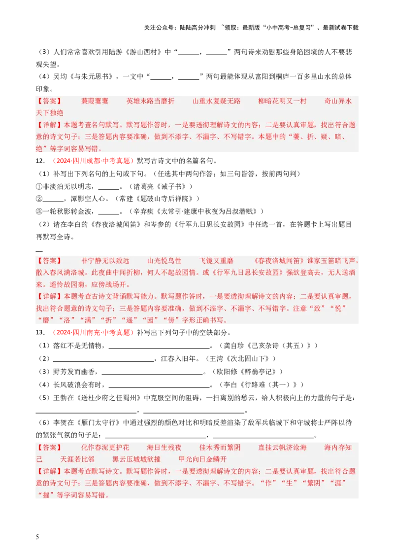 2024年中考真题默写精选-备战2025年中考语文一轮复习古诗文默写（全国通用）解析版_02中考总复习（2026版更新中）_01-语文-中考总复习_2025年中考资料_中考文言文专项