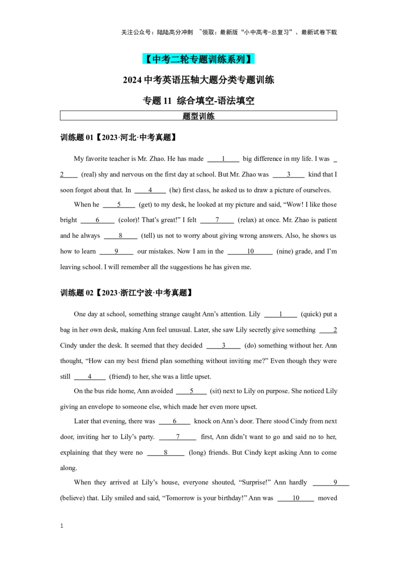2024年中考英语压轴专题训练专题11综合填空语法填空专练（含解析）_02中考总复习（2026版更新中）_03-英语-中考总复习_2024年中考复习资料_专项复习资料_2024年中考英语压轴专题训练