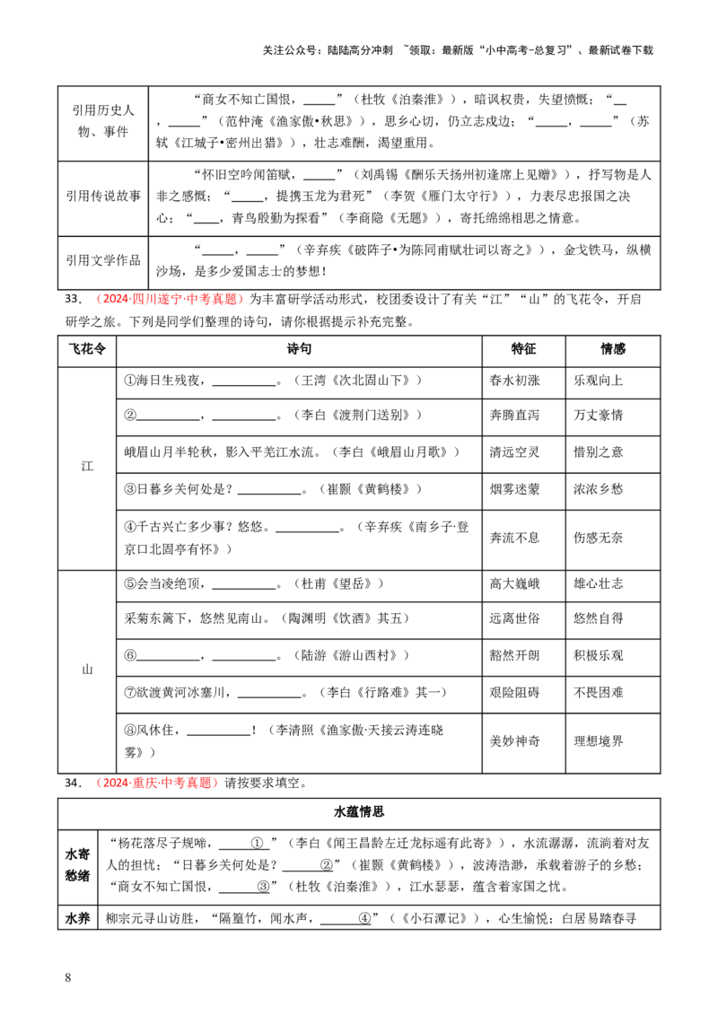 2024年中考真题默写精选-备战2025年中考语文一轮复习古诗文默写（全国通用）原卷版_02中考总复习（2026版更新中）_01-语文-中考总复习_2025年中考资料_中考文言文专项
