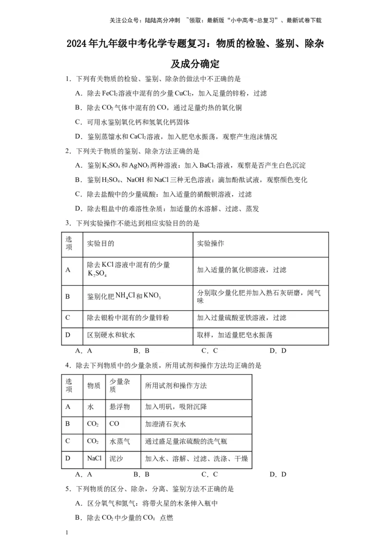 2024年九年级中考化学专题复习：物质的检验、鉴别、除杂及成分确定(含答案)_02中考总复习（2026版更新中）_05-化学-中考总复习_2024年中考复习资料_二轮复习资料
