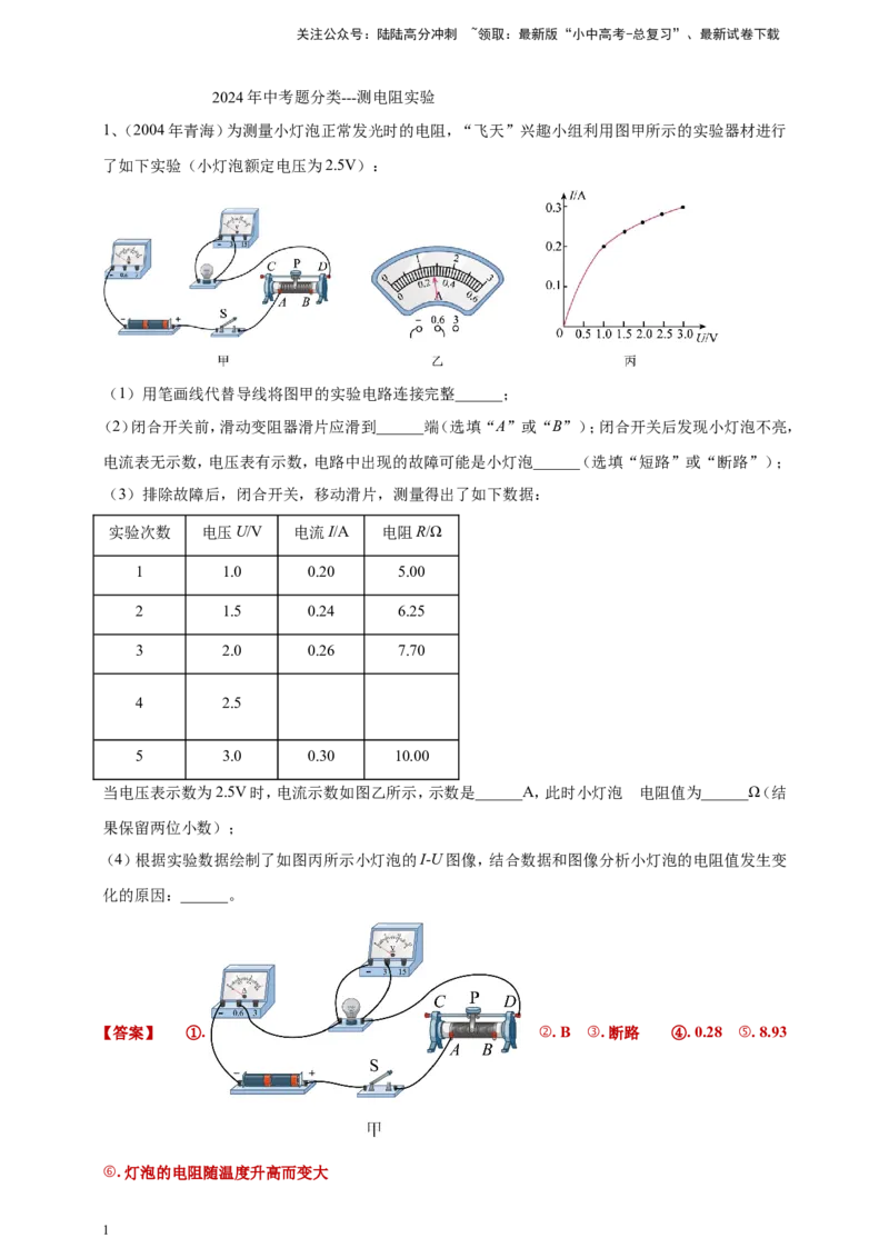 2024年中考物理分类汇编---测电阻实验答案（含解析）_02中考总复习（2026版更新中）_04-物理-中考总复习_2025年中考复习资料_备考20252024年中考物理真题分类汇编（原卷版+解析版）