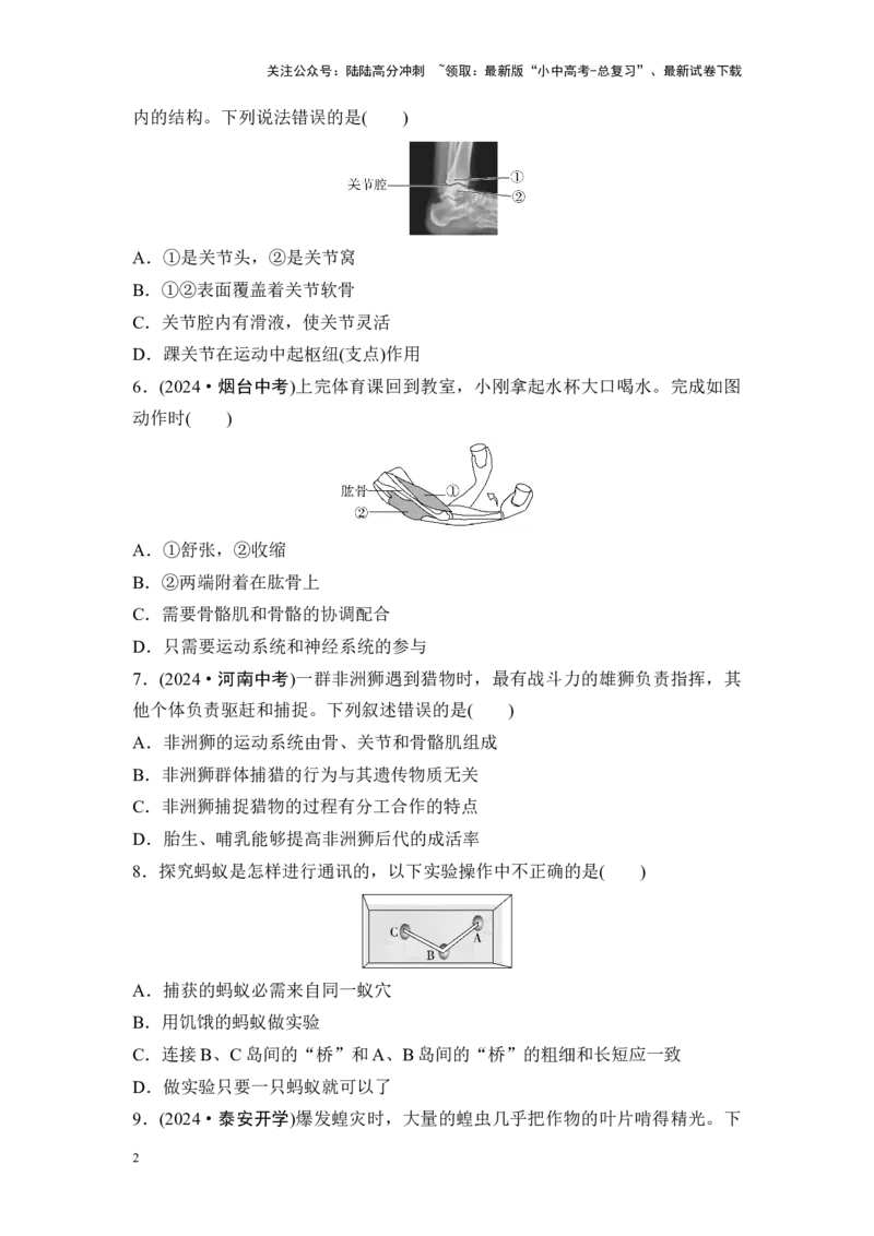 2025中考生物二轮专题训练17　动物的运动和行为、动物在生物圈中的作用（含解析）_02中考总复习（2026版更新中）_08-生物-中考总复习_2025中考复习资料