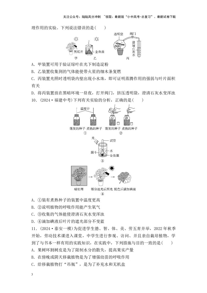 2025中考生物二轮专题训练7：绿色植物的光合作用和呼吸作用（含解析）_02中考总复习（2026版更新中）_08-生物-中考总复习_2025中考复习资料_2025中考生物二轮专题训练（含解析）