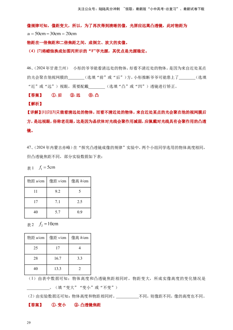 2024年中考物理分类汇编---透镜及其应用答案（含解析）_02中考总复习（2026版更新中）_04-物理-中考总复习_2025年中考复习资料_备考20252024年中考物理真题分类汇编（原卷版+解析版）