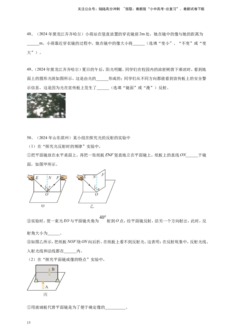 2024年中考物理分类汇编---光现象_02中考总复习（2026版更新中）_04-物理-中考总复习_2025年中考复习资料_备考20252024年中考物理真题分类汇编（原卷版+解析版）_3、光现象