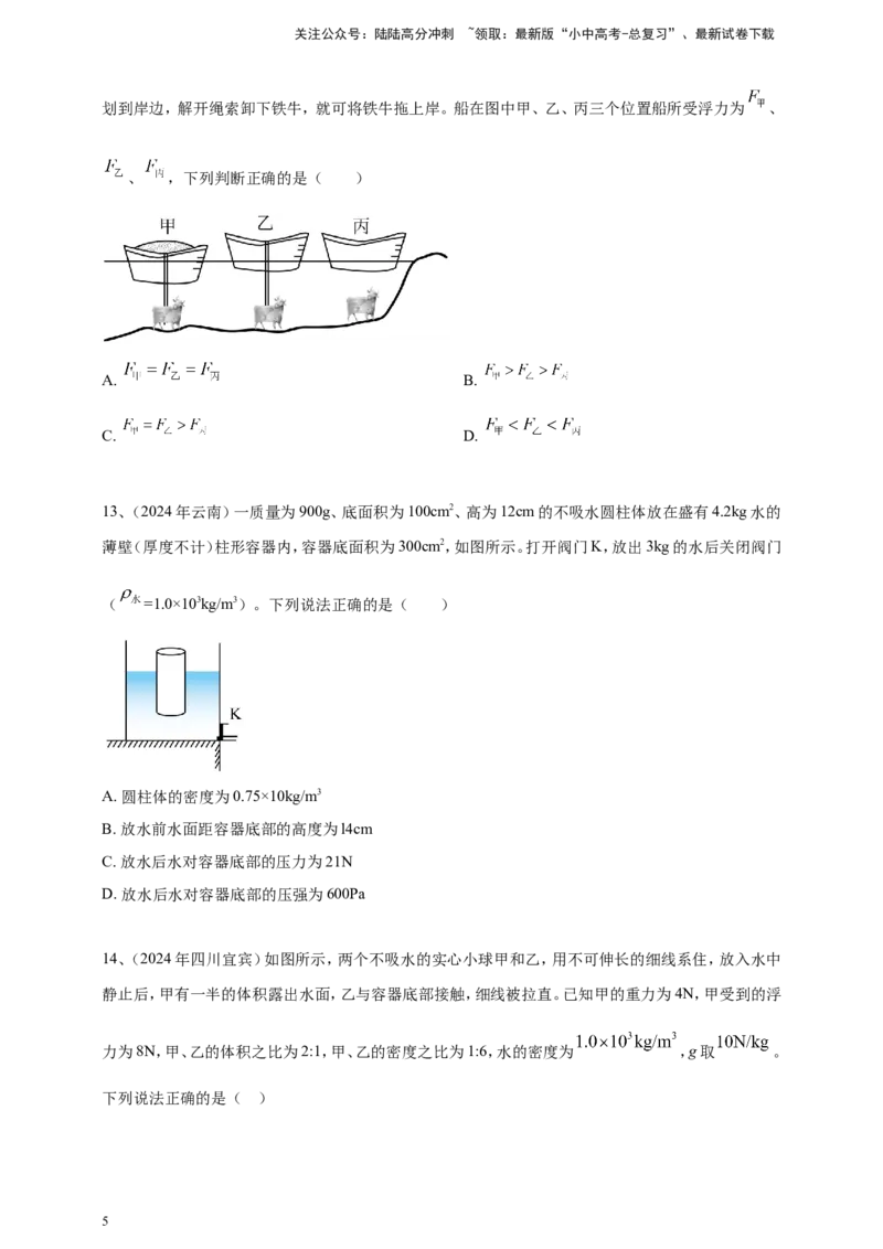 2024年中考物理分类汇编---浮力_02中考总复习（2026版更新中）_04-物理-中考总复习_2025年中考复习资料_备考20252024年中考物理真题分类汇编（原卷版+解析版）_10、浮力
